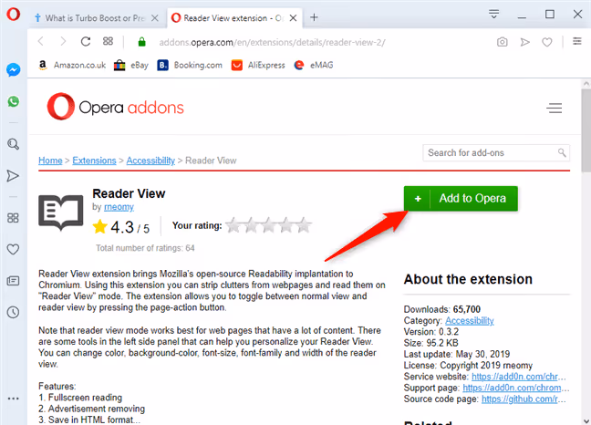 Installing the Reader View extension in Opera browser