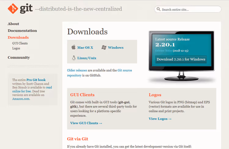 Pagina di download del programma di installazione di Git per Windows