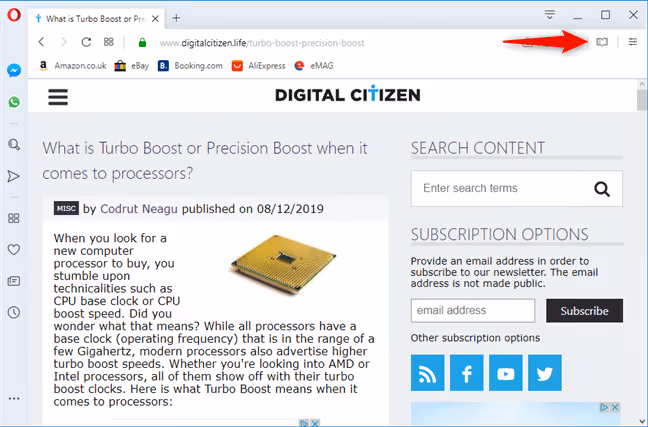 Reader View extension icon in Opera's address bar