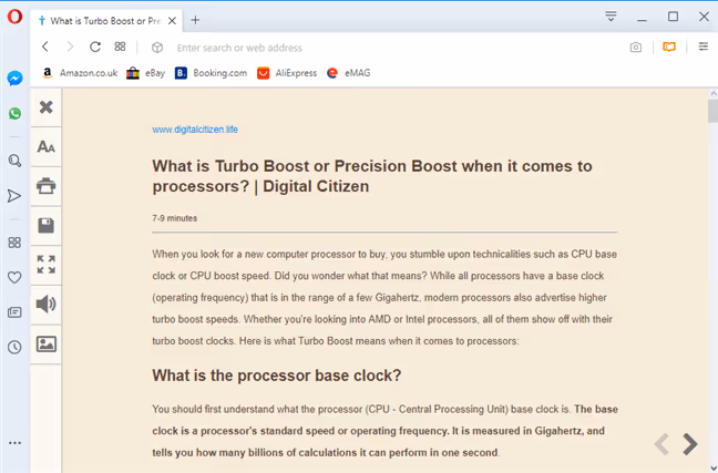 Reading mode without ads in Opera browser