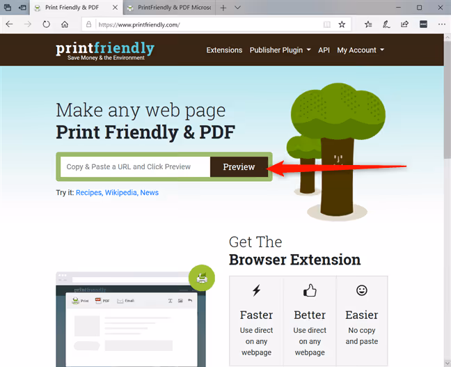 Pasting a page URL on PrintFriendly.com