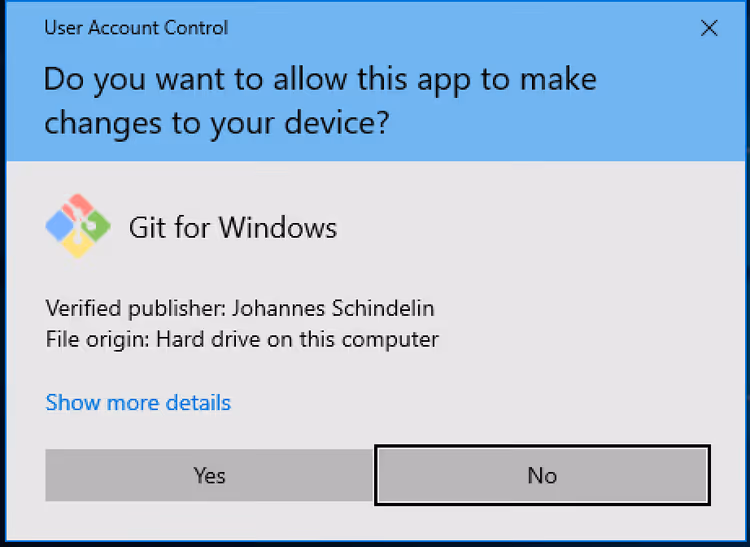Richiesta di Controllo Account Utente di Windows per l'installazione di Git