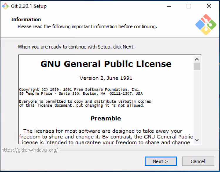 Finestra del contratto di licenza del programma di installazione di Git