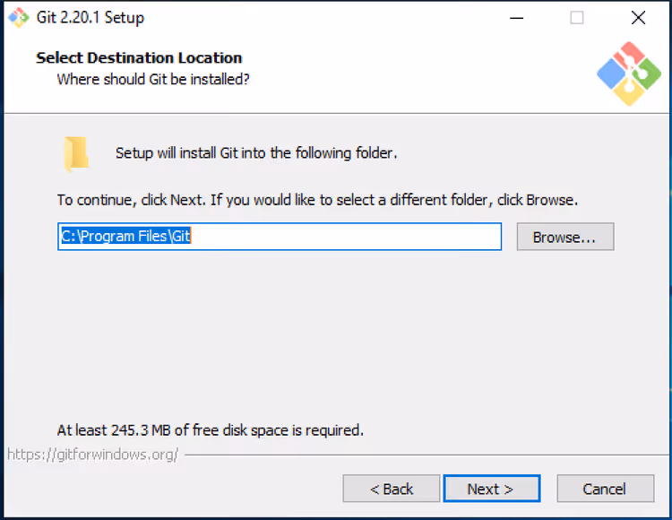 Selezione della cartella di installazione di Git nella procedura guidata