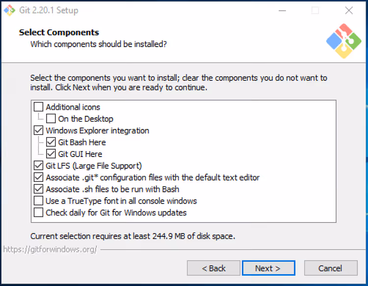 Finestra di selezione dei componenti del programma di installazione di Git per Windows
