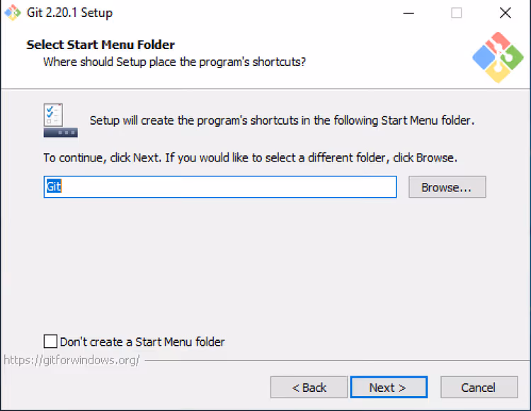 Selezione della cartella del Menu Start durante l'installazione di Git