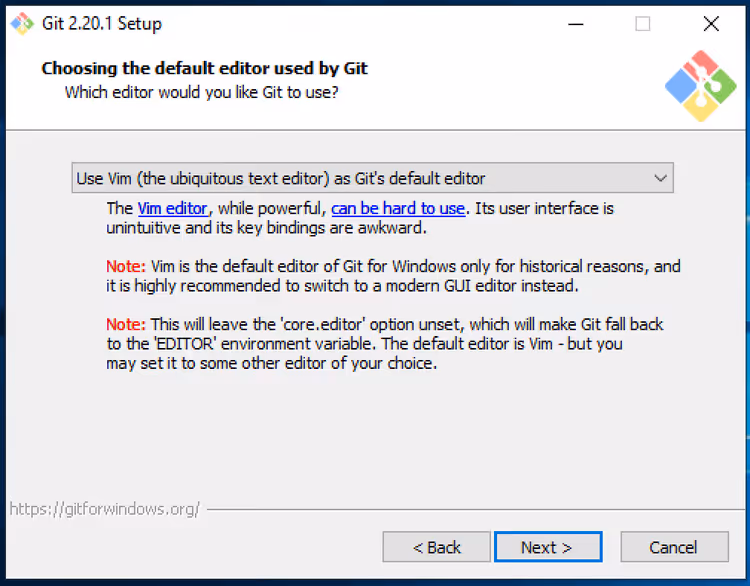 Scelta dell'editor di testo predefinito nel programma di installazione di Git