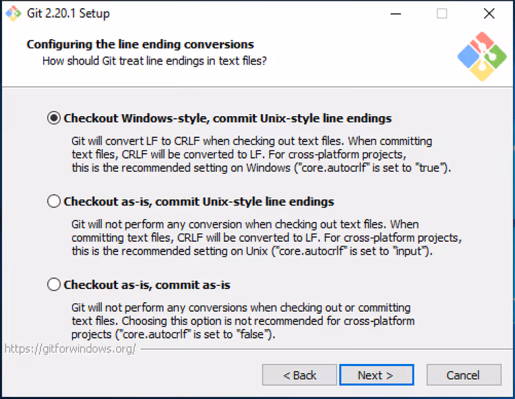 Configurazione della conversione dei fine riga nel programma di installazione di Git