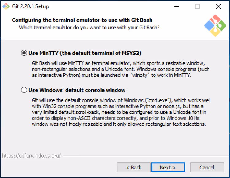 Scelta dell'emulatore di terminale per Git Bash