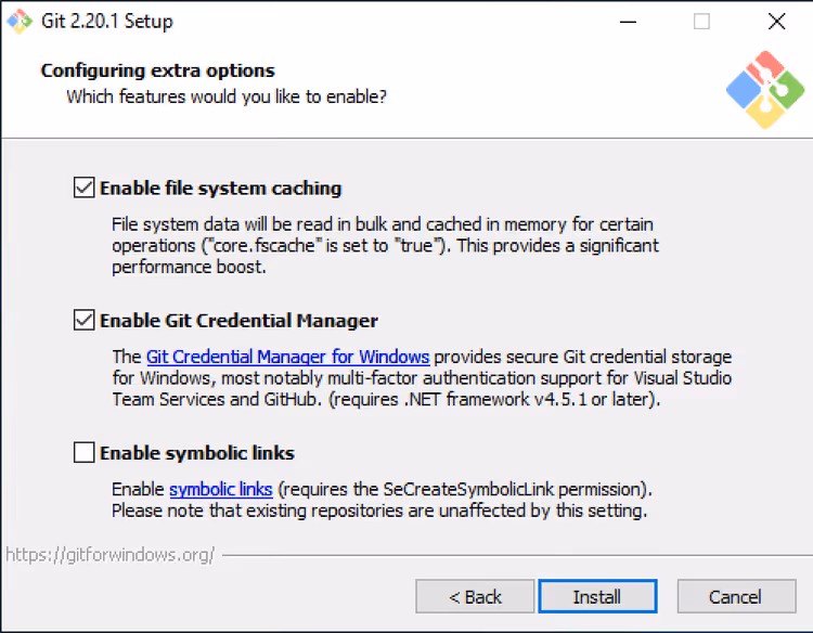 Opzioni aggiuntive del programma di installazione di Git per Windows