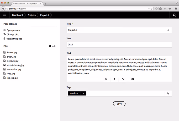 Panneau de contrôle Kirby CMS, gestionnaire de fichiers et éditeur de contenu
