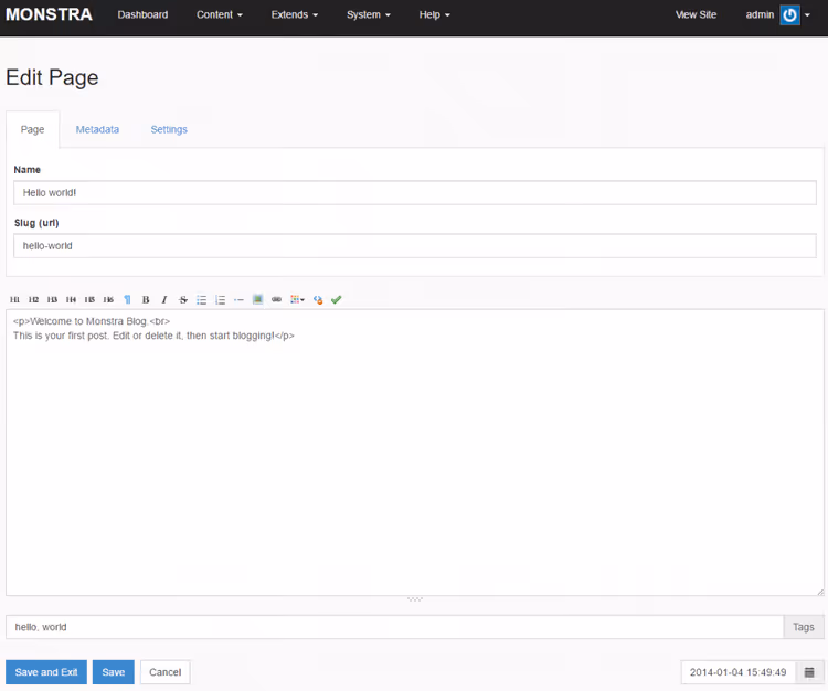 Panneau d'administration Monstra CMS, pages arborescentes en XML