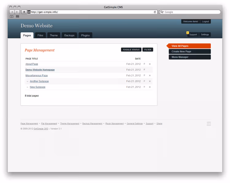Panneau d'administration GetSimple CMS, édition de page en WYSIWYG