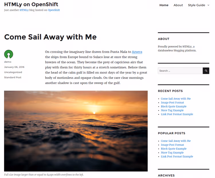 Thème de démonstration HTMLy, blog minimaliste sur plateforme flat-file