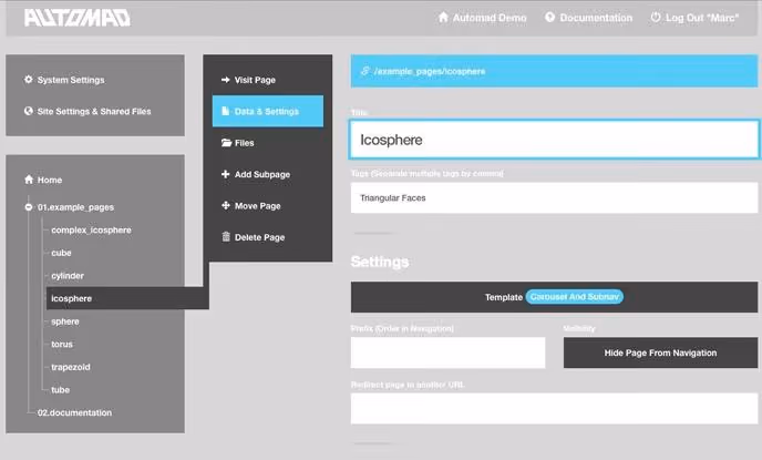 Interface Automad, templating en direct, édition en contexte