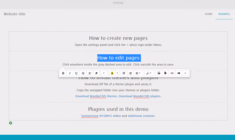 Panneau de contrôle WonderCMS, interface minimaliste avec éditeur de contenu