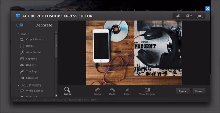 Adobe Express web interface, cropping and filters in browser