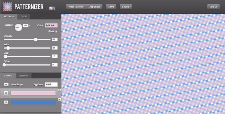 Patternizer striped pattern generator with CSS code on the right