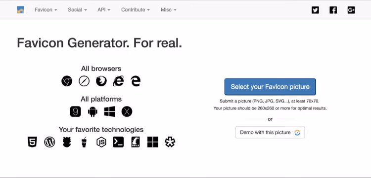 RealFaviconGenerator, uploading logo and previewing icons on different devices