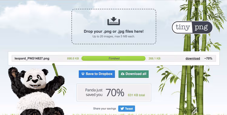 TinyPNG interface, uploading images for compression