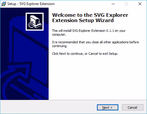 Finestra di benvenuto del programma di installazione dell'estensione Esplora SVG