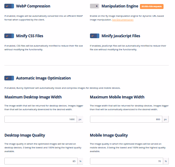 Paramètres de Bunny Optimizer pour convertir les images en WebP