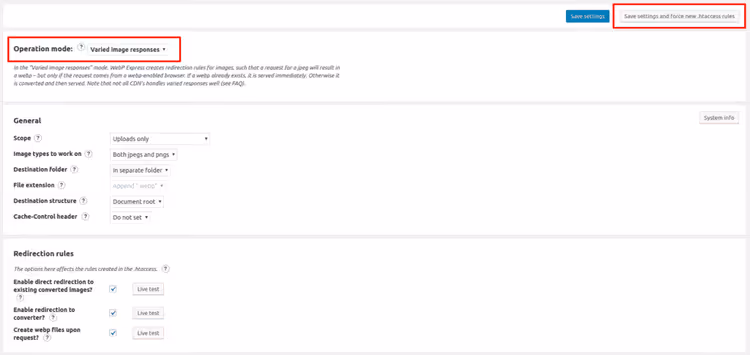 Page des paramètres de l'extension WebP Express dans l'administration WordPress