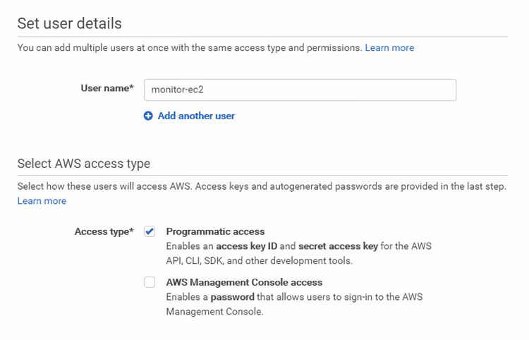 Creación de un usuario de IAM con acceso programático