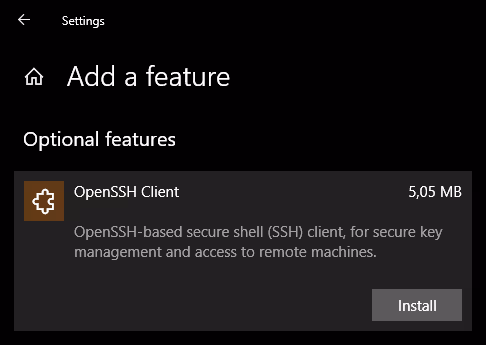 Installazione del client OpenSSH nelle funzionalità opzionali di Windows