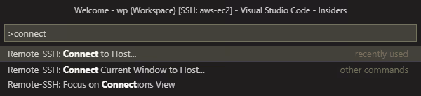 Selezione del comando Connetti a host di Remote-SSH nel pannello comandi di VS Code