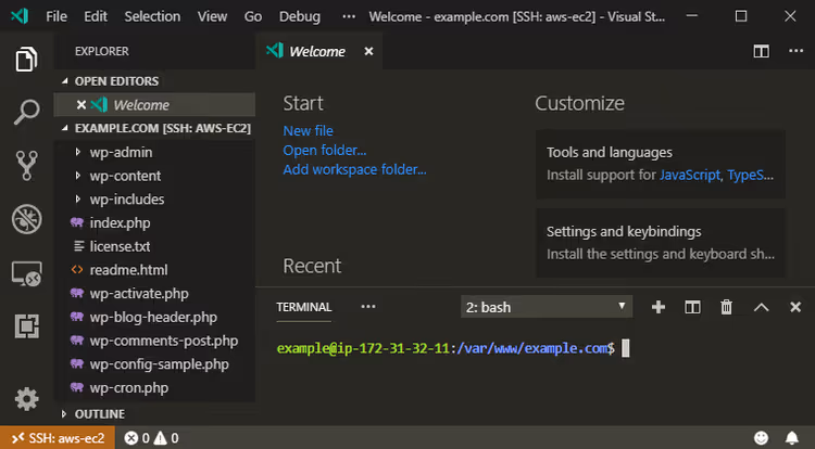 Albero dei file di WordPress nella barra laterale di VS Code dopo la connessione al server