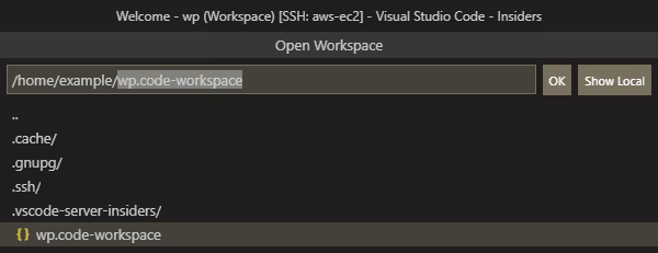 Area di lavoro wp.code-workspace salvata nell'elenco dei progetti recenti di VS Code