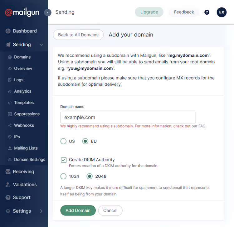 Форма добавления нового домена в Mailgun
