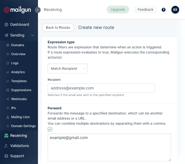 Mailgun пересылать маршруты в Gmail