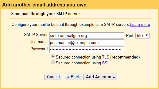 Форма SMTP-настроек Gmail: сервер, порт, логин и пароль Mailgun