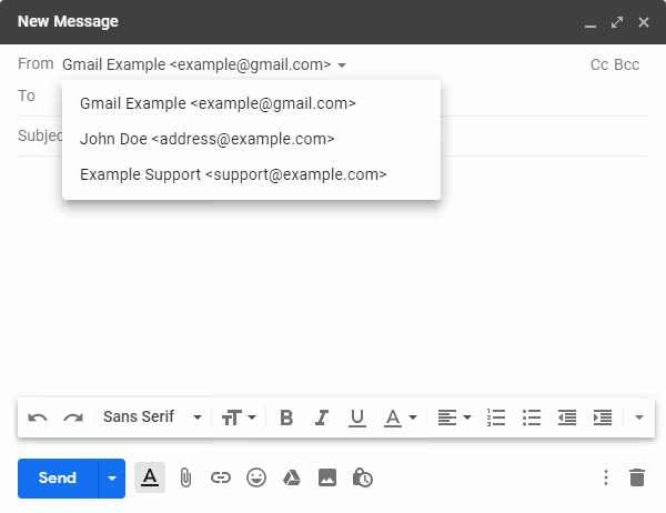 Выпадающий список адресов «От» при написании письма в Gmail