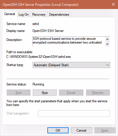 Служба OpenSSH SSH Server в списке служб Windows