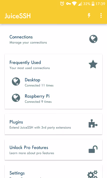 Интерфейс SSH-клиента для Android: сохраненные подключения к серверам
