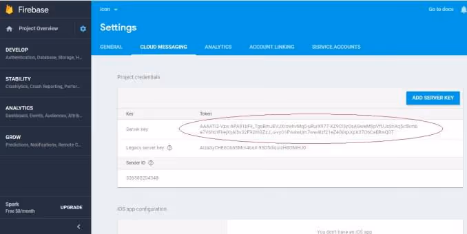 Paramètres du projet Firebase avec clé de serveur