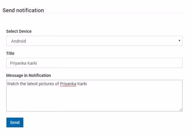Formulaire d'envoi de notification push dans le panneau d'administration