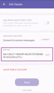 Page d'édition des données d'un compte public Viber avec jeton