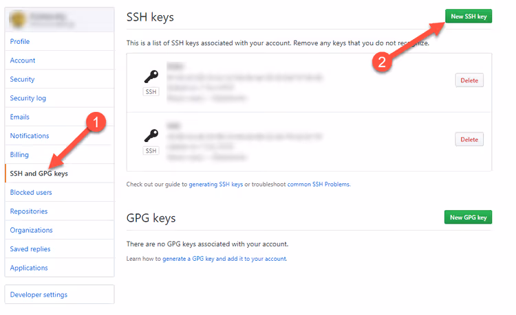 Administrasjonsside for SSH- og GPG-nøkler i GitHub-innstillinger