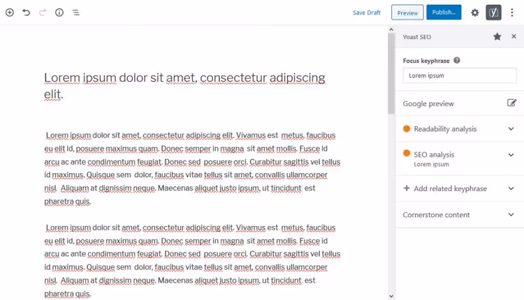 Interface do plugin SEO no editor padrão do WordPress