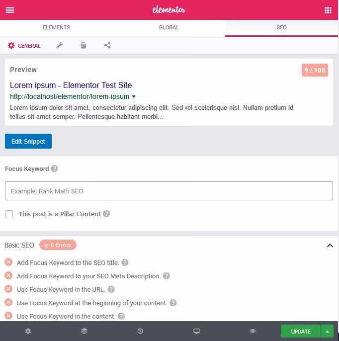 Separador SEO na barra lateral do editor Elementor com subseparadores Geral, Schema e Avançado