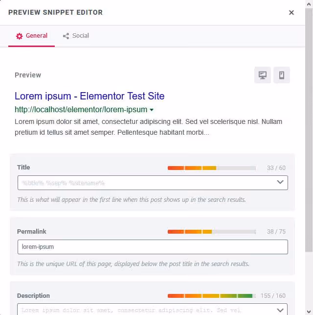 Editor de snippet de metadados do Rank Math com pré-visualização ao vivo do snippet do Google