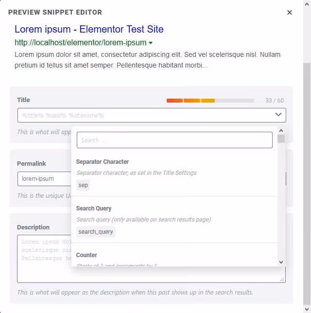 Lista suspensa de variáveis dinâmicas para inserção de meta tags do Rank Math