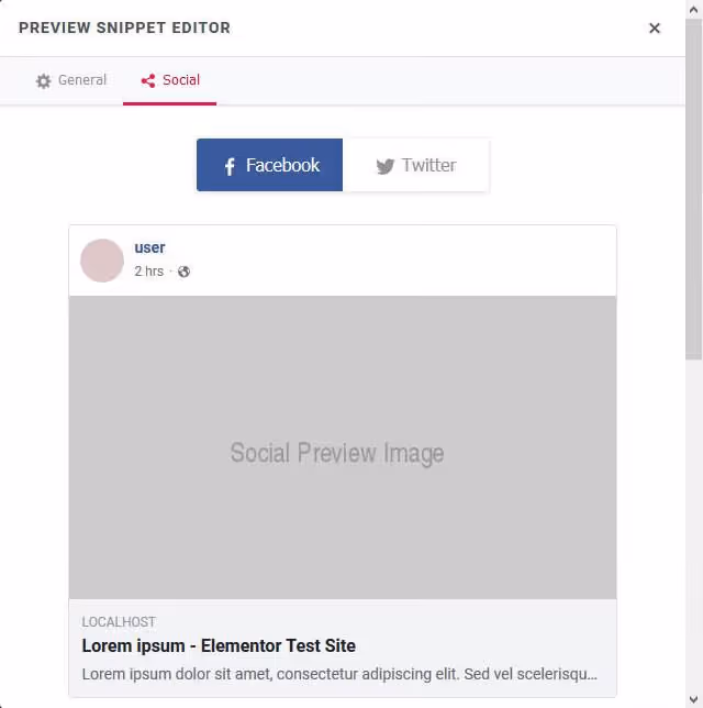 Definições de pré-visualização social para Facebook e Twitter no separador Rank Math