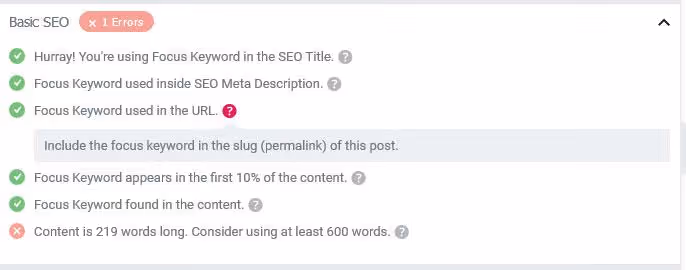 Ajuda em pop-up para um item de verificação SEO na interface do Rank Math