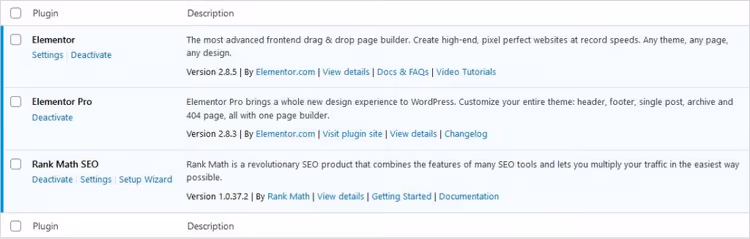 Lista de plugins Elementor e Rank Math ativados na administração do WordPress