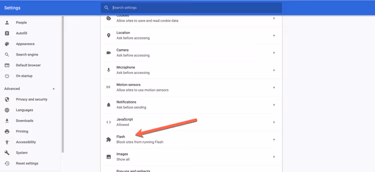 Definições de conteúdo do Chrome, secção Flash sob o item JavaScript